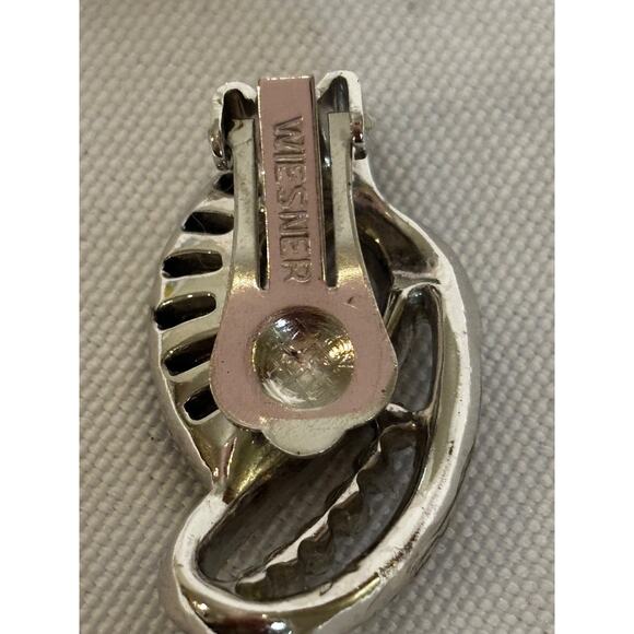 Weisner Baguettes Silver Simulated Sapphire & diamond vintage clip on earrings - Picture 3 of 6